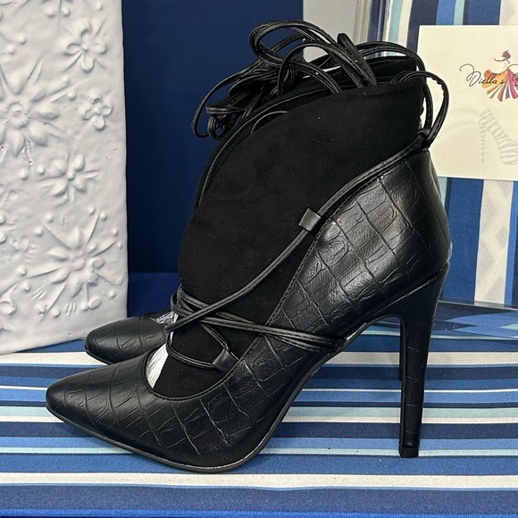 New black open croc animal print lace up high heel pointed pump boots - Picture 3 of 16